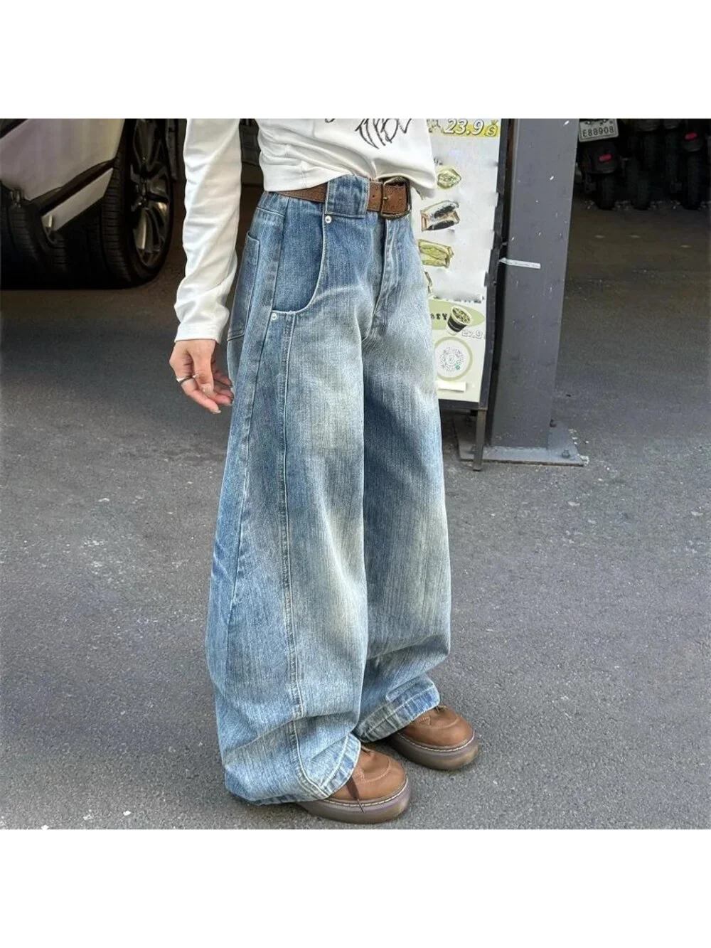 Women's Light Blue Vintage Oversized Jeans Fashion Grunge Causal Straight Leg - Picture 2 of 6